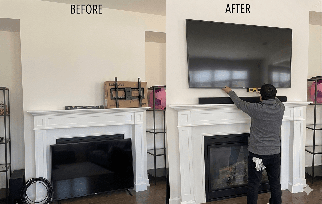 Before and after TV mounting above a fireplace with cleaner cable management.